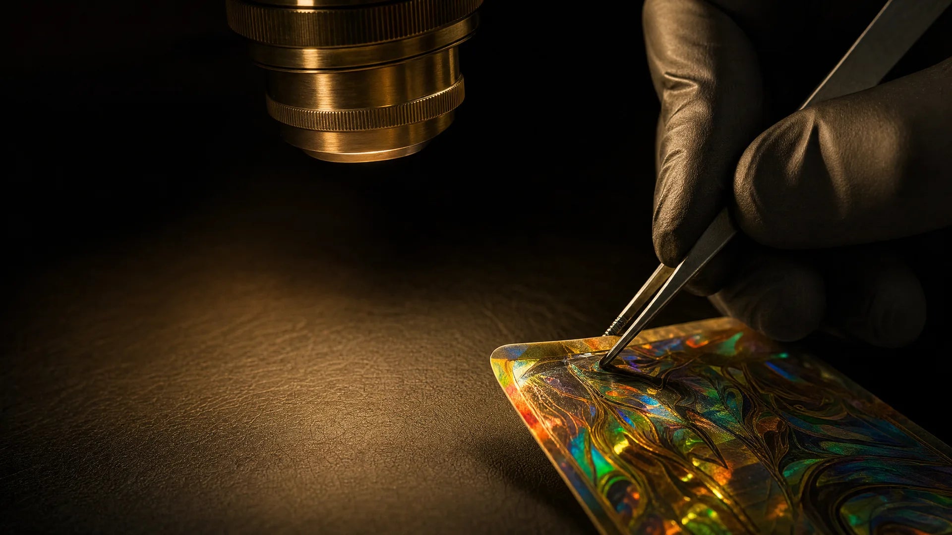 Gloved hands lifting a holographic card with tweezers under a microscope